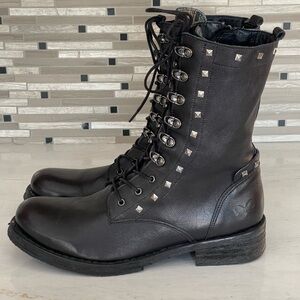 FELMINI Portugal Black Leather Studded Lace-Up Boots with Zipper, EUC, 42EU/11US